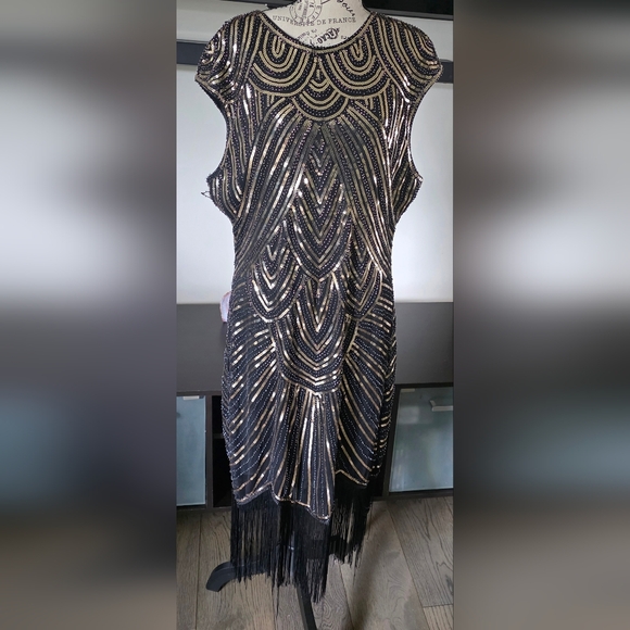 1920s Great Gatsby Flapper Plus Size Sequin Fringe Cap Sleeve Dress Vintage 2X - Picture 6 of 15